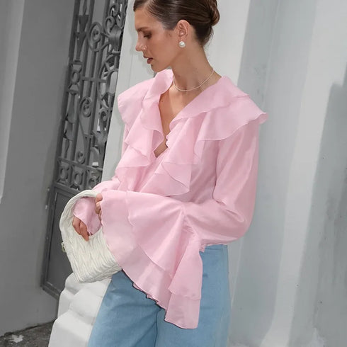 Summer Ruffle V Neck Long Sleeve Tops Casual Party Tees for Women