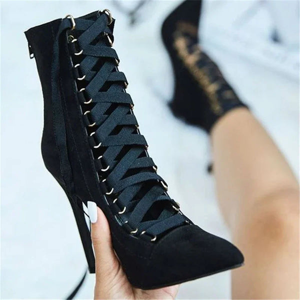 Women Sandals Flock Lace Up Thin Heels Pointed Toe Ankle Strap