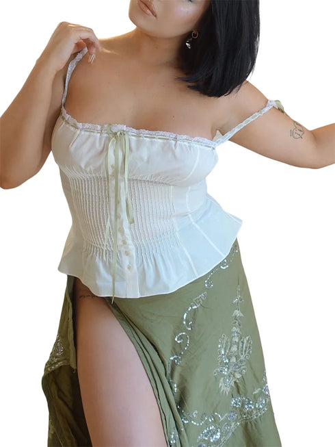 Kawaii Y2K Crop Tops with Ribbons and Lace Trim - Vintage Women's Slim Fit Camisole and Button Up Tank Top for Cute Summer Outfits