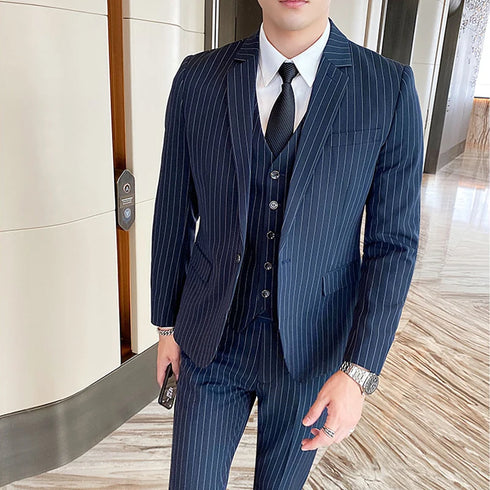 ( Jacket + Vest + Pants ) Prom Groom Tuxedos Male Wedding Suits 3Pcs Set Men's Striped Casual Business Suit
