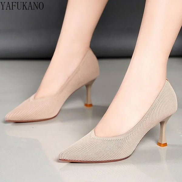 Ol Office Lady Shoes High Heels Knit Stretch Fabric Pumps