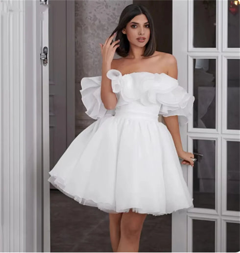 White Mini Wedding Dress For Bride Plus Size A Line Off Shoulder Ruffle Gowns