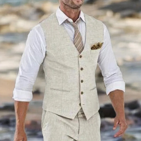 Summer Beach Wedding Men's Beige Linen V-Neck Suit Vest Casual Fashion