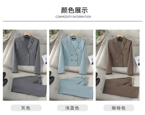 Chic Women's Office Suit Set: Long Sleeve Double Breasted Short Tops with Slim High Waisted Pencil Pants for Spring Fashion