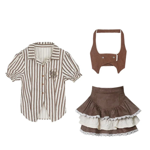 Fashion Vintage Y2K 3 Piece Set Summer Striped Shirt Slim Vest Lace Mini Skirt Women's Chic Outfit