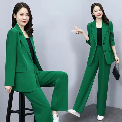 Chic Women's Blazer and Wide Leg Pants 2 Piece Set - Stylish Office Lady Casual Loose Suit Jacket and Trousers Outfit for Spring and Autumn