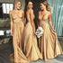 Bridesmaid Dress V-Neck Backless Sleeveless Satin Floor-Length with Pleats for Formal Evening Wedding Dress