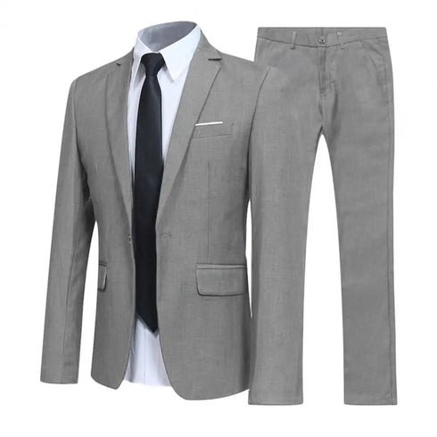 1 Set Men Jacket Pants Solid Color Turndown Collar Slim Fit Business Suit Set for Wedding Office