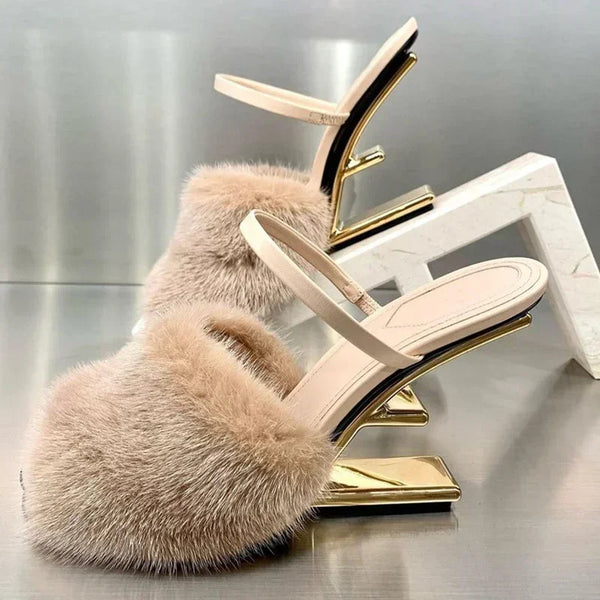 Sexy High Heels Women Fur Slippers Winter Plush Flip Flops Sandals