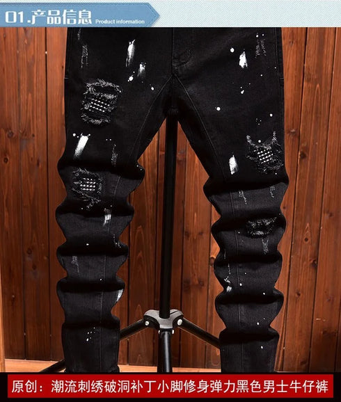 Retro Ripped Black Stretch Jeans Men's Casual Comfort Pants