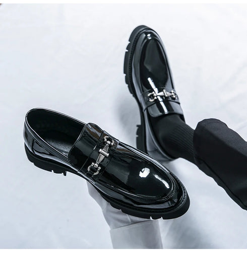 Men's Thick Sole Patent Leather Oxfords - Stylish Slip-On Derby Shoes for Casual and Formal Occasions, Height Increasing Loafers for Ultimate Comfort and Fashion