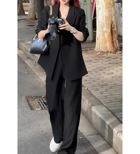 Elegant 3-Piece Korean Business Suit for Women: Stylish Blazer, Sleeveless Vest, and Wide Leg Pants Set for Office and Casual Wear