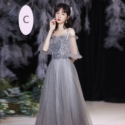 Off Shoulder Lace Illusion A Line Dress Floor Length Glitter Tulle Bow Bridesmaid Dress