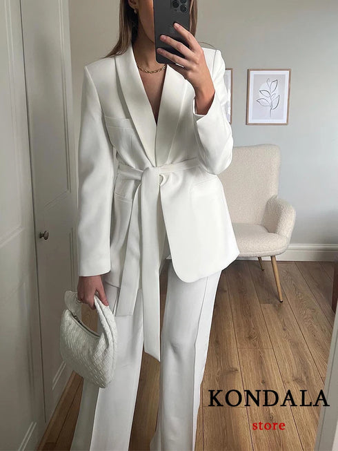 Chic Women's Office Blazer and Wide Leg Pants Set - Long Sleeve V Neck Sashes Blazer with Elastic Waist High Waist Trousers for Casual Spring/Summer Fashion