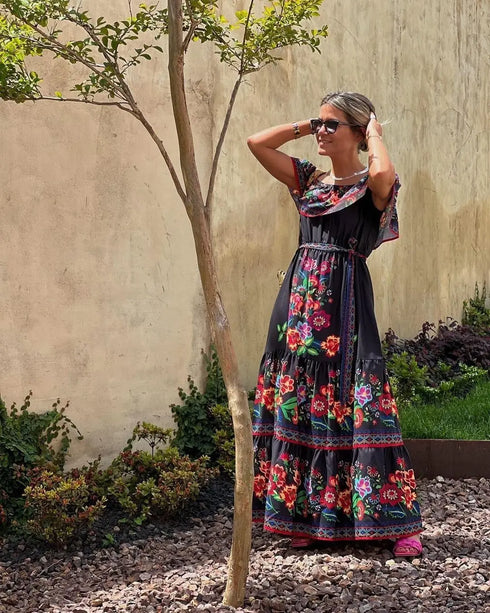 Elegant One-shoulder Short-sleeved Dress For Women Fashion Splicing Floral Print Dresses