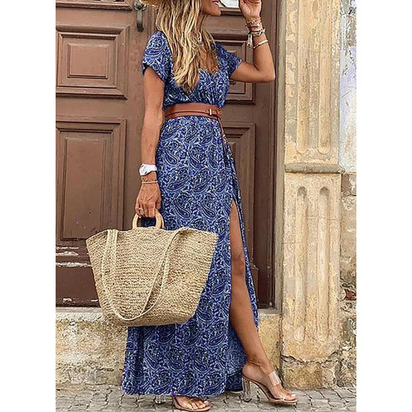 Women Casual Elegant Holiday Dress Summer Trend V-Neck High Slit Irregular Midi Dress Retro Vintage Print Slim With Belt