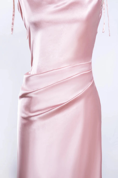 Elegant Satin Cowl Neck Sleeveless Midi Dress With Side Slit Spaghetti Straps Bridesmaids Dress