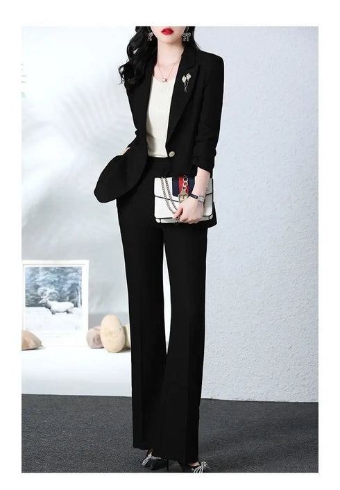 Elegant Women's Blazer Coat and Trousers Suit Set - Stylish Casual Outfit for Office and Autumn Wear with Flare Pants and Slim Fit Design