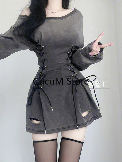 Fairycore Grunge Goth Corset Dress Women Aesthetic Streetwear Bodycon Y2k Indie Clothes