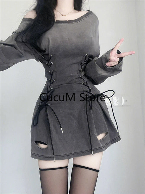 Fairycore Grunge Goth Corset Dress Women Aesthetic Streetwear Bodycon Y2k Indie Clothes