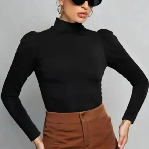 Mia Muse Women's T-shirts All Seasons Fashion Casual Korean Solid Color Long Sleeve High-neck Regular T-shirts