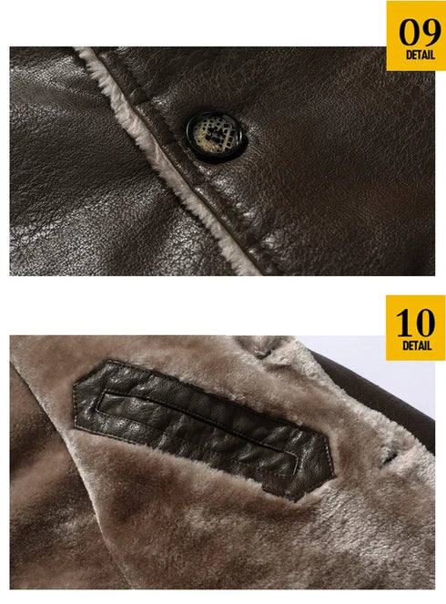 Men's Winter Fashion Long Thick Fleece PU Leather Windbreaker Jacket with Suit Collar, Casual Full-Length Coats for Stylish Men