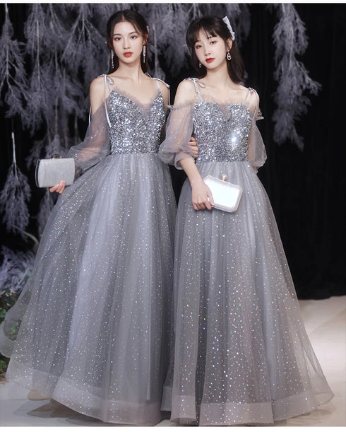 Off Shoulder Lace Illusion A Line Dress Floor Length Glitter Tulle Bow Bridesmaid Dress