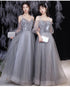 Off Shoulder Lace Illusion A Line Dress Floor Length Glitter Tulle Bow Bridesmaid Dress