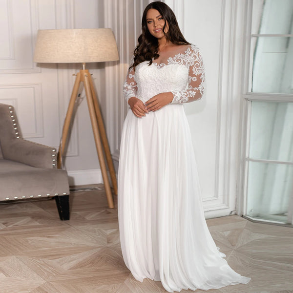 Boho Plus Size A Line Wedding Dress With Sheer O Neck Long Sleeves And Chiffon Appliques