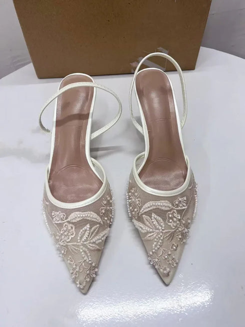 Sexy Mesh Pointed Stiletto Mules Women Heels Elegant