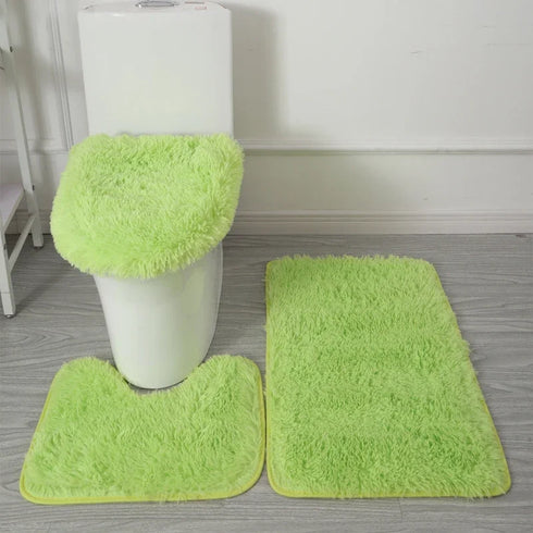 3 Piece Solid Color Bathroom Carpet Set Non-Slip Toilet Lid Cover Rugs Kit