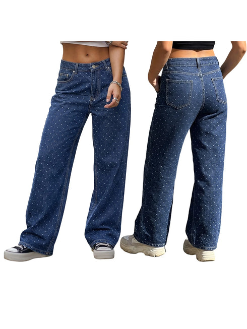 Baggy Dot Print Jeans For Women, Casual Wide Leg Denim Pants With Pockets, Low Rise Comfort Fit