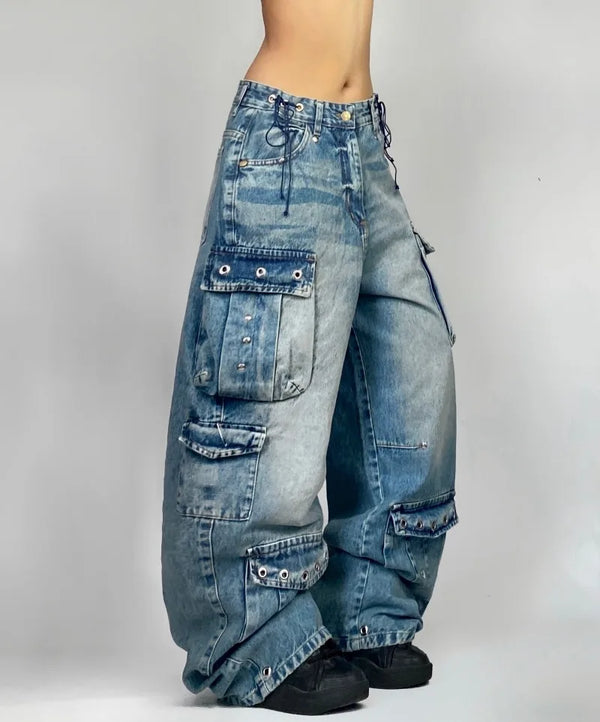 Baggy Jeans Streetwear Harajuku High Waist Multi Pocket Washed Denim Jeans For Men And Women