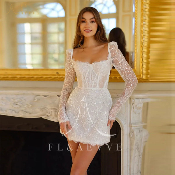Beaded Backless Long Sleeve Mini Dress Wedding Dress Gown With Pearl Beading Lace Up Back