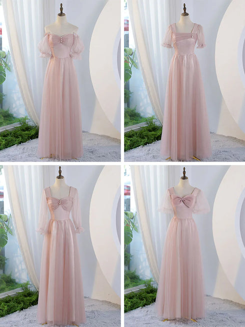 V-Neck Ruched Tulle A-Line Dress With Square Collar And Appliques And Bow Bridesmaid Dress