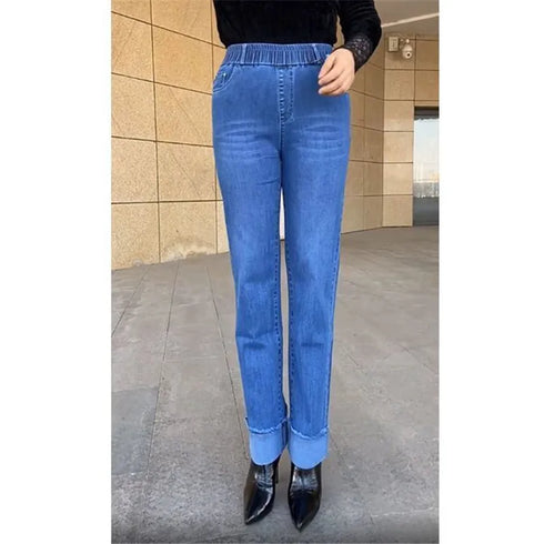 Elastic Waist Jeans For Women High Waist Wide Leg Denim Pants Loose Fit Casual Trousers