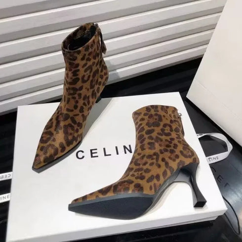 High Heels Ankle Boots Women Leopard Pointed Toe Fashion