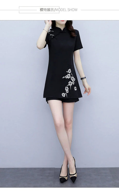 Women's Suit Chinese Style Outfits Matching Crop Top Shorts Two Piece Sets Summer Retro Cheongsam Lady Clothes