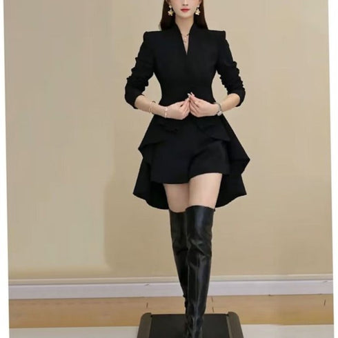 Elegant Women's Dresses Sets for Autumn and Winter V-neck Long Sleeved Robe Casual Solid Color Outfit