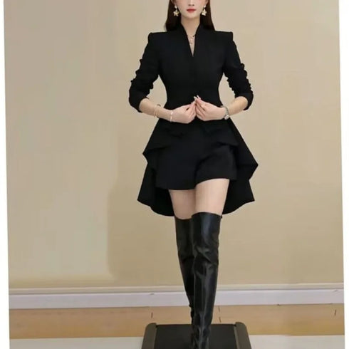 Elegant Women's Dresses Sets for Autumn and Winter V-neck Long Sleeved Robe Casual Solid Color Outfit