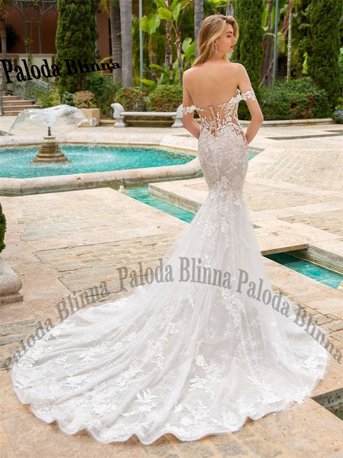 Mermaid Strapless Wedding Dress With Sparkling Lace Appliques And Court Train Bridal Gown