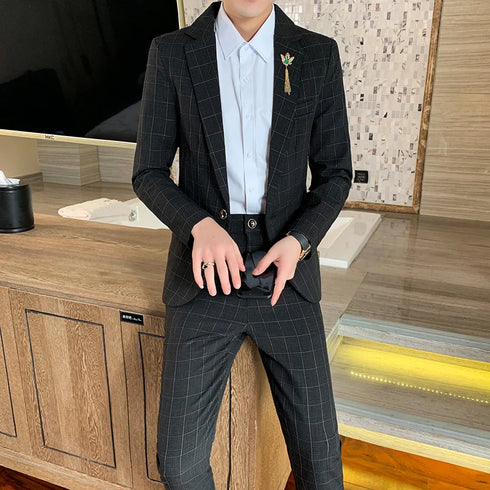 Autumn Men's Slim Fit Checkered Two-Piece Suit Korean Style Fashion Set