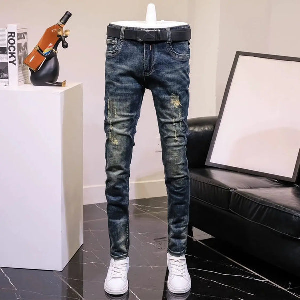 Fashion Korean Style Vintage Patched Ripped Slim Fit Jeans for Men Denim Pants