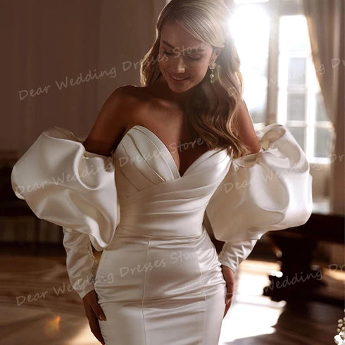Modern Wedding Dresses Mermaid Off Shoulder Satin Bridal Gowns Long Sleeve Backless Luxury