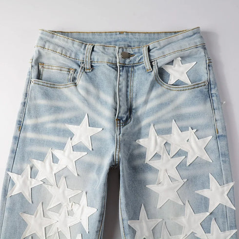 Men's Distressed Ripped Jeans with Leather Star Patchwork and Moustache Holes