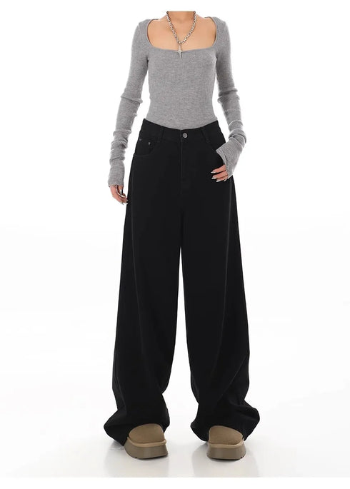 Stylish Wide Leg Black Jeans for Women - Embrace Korean Fashion Streetwear with Baggy Straight Denim Pants Perfect for Fall Outfits and Casual Days