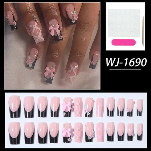 24pcs Reusable Press-On Nails with 3D Bow and Flower Design, Y2K Style Pink Square False Nails for Women and Girls - Short and Medium Length Options