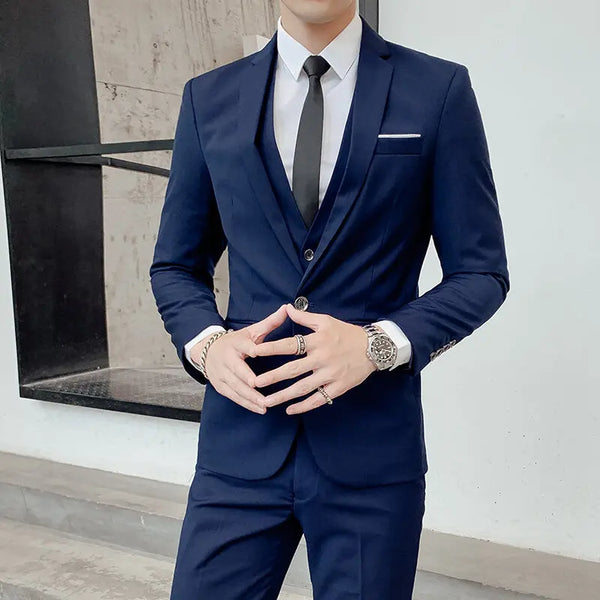Three-Piece Suit for Men with Vest and Trousers in Solid Color for Casual Weddings