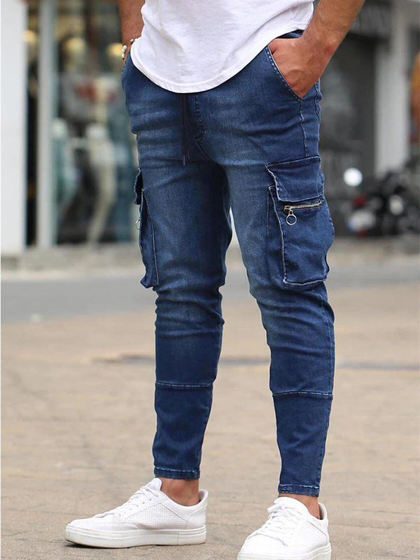 Men's Slim Stretch Jeans Casual Fashion Multi Pocket Denim Trousers Hip Hop Street Work Pants