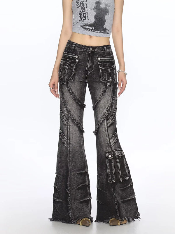 Fringed Retro Flared Jeans With Cross Tie Detail For Women Denim Jeans Everyday Casual Boho Style